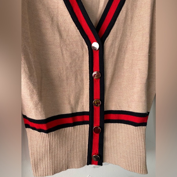 Alexia Admor Frances Stripe Trim Cardigan | Camel, Red & Black | Size M - Picture 5 of 13